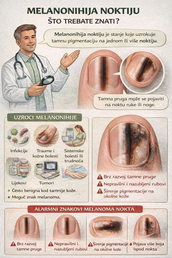 Dermatolog objašnjava melanonihiju noktiju – infografika s uzrocima i alarmnim znakovima melanoma