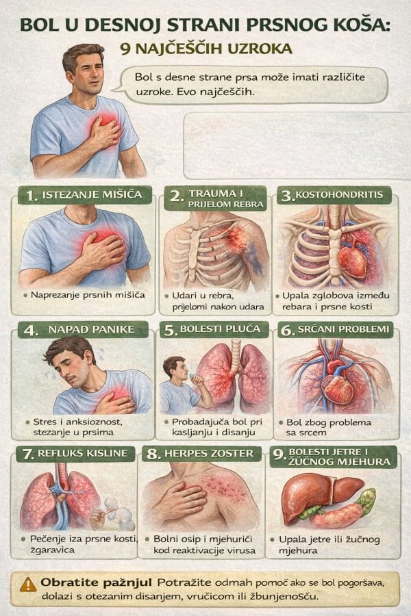 9 najčešćih uzroka boli u desnoj strani prsnog koša s medicinskim ilustracijama