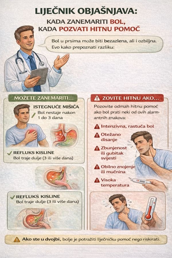 Liječnik objašnjava kada je bol u prsima hitna – edukativna infografika s alarmnim simptomima