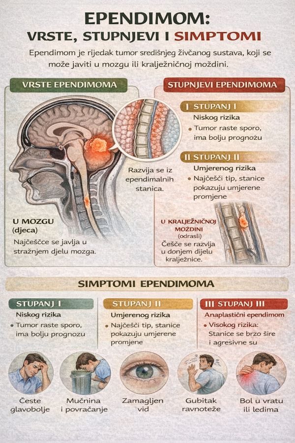 Infografika o vrstama i stupnjevima ependimoma s prikazom simptoma i lokalizacije tumora u mozgu i kralježnici
